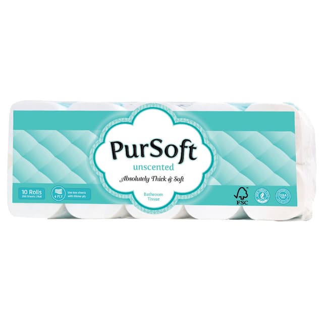 Pursoft 4 Ply Bathroom Tissue Rolls Unscented 10s