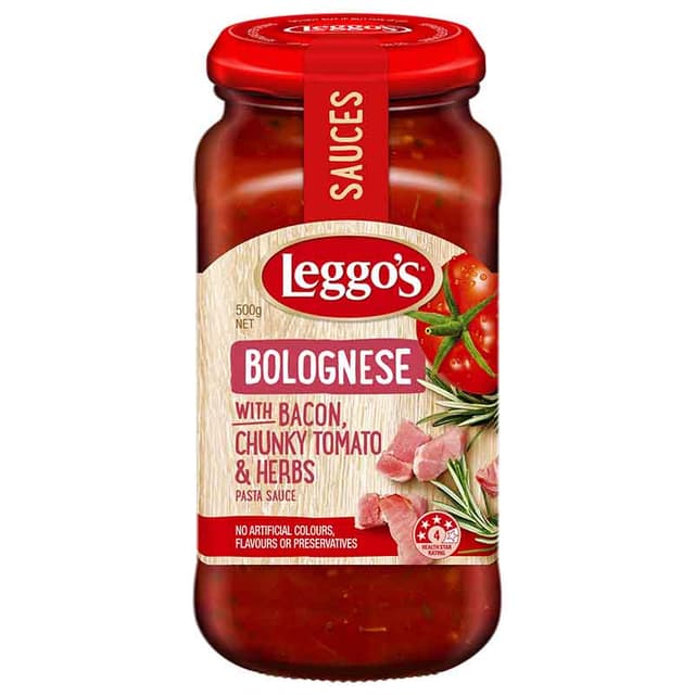 Leggo's Pasta Sauce - Bolognese With Bacon, Chunky Tomatoes & Herbs 500g